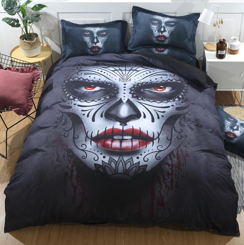 Black Skull Bedding Set Halloween Style Bed Sheet Queen King Double Bed Linen Cotton Blend Flower Skull Duvet Cover Set