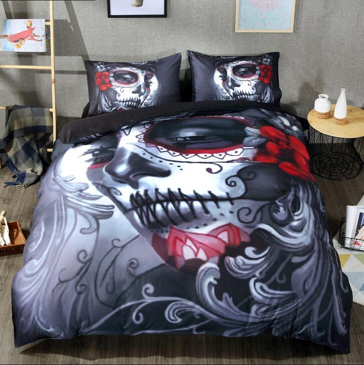 Black Skull Bedding Set Halloween Style Bed Sheet Queen King Double Bed Linen Cotton Blend Flower Skull Duvet Cover Set